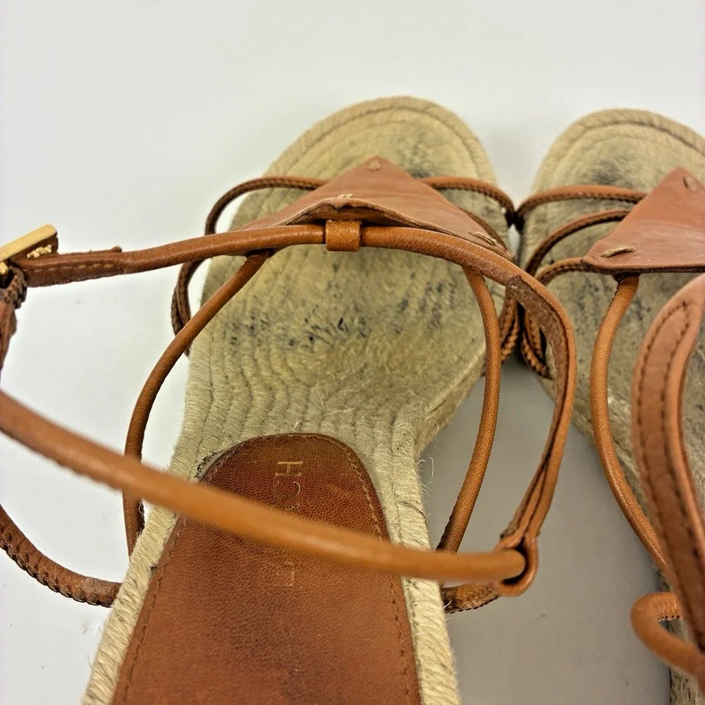 Tory Burch Brown Diamond Patch Espadrille Wedge Strappy Sandal Women's Size 7